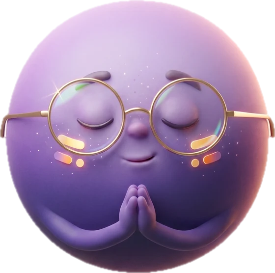 The data orb in golden glasses, eyes closed and palms together, completely zen.