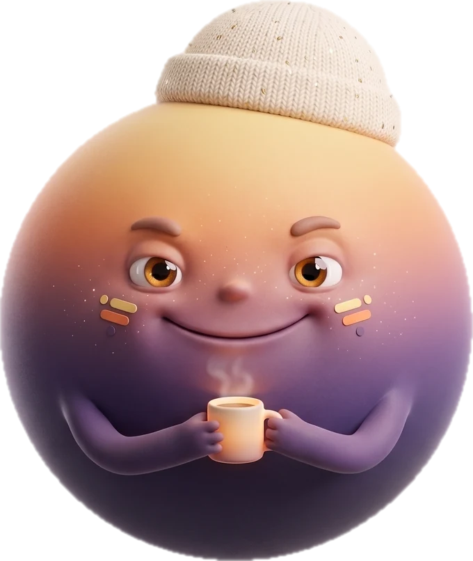 The night-shift orb in a beanie with a mug, wide awake.