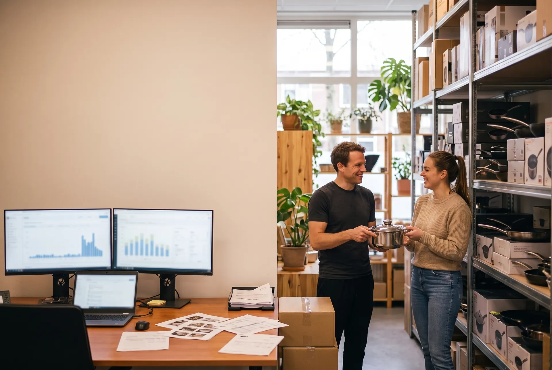 Illustrative scene: in a wholesaler two people talk about a product between the shelves, while the screens full of figures are on at the empty desk.