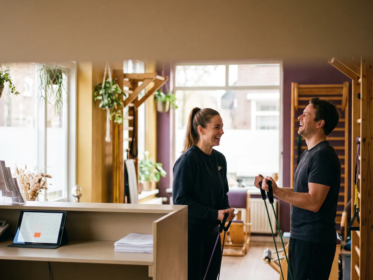 Illustrative scene: a trainer laughs with a client in a studio, while a tablet and a stack of papers wait on the empty reception desk.