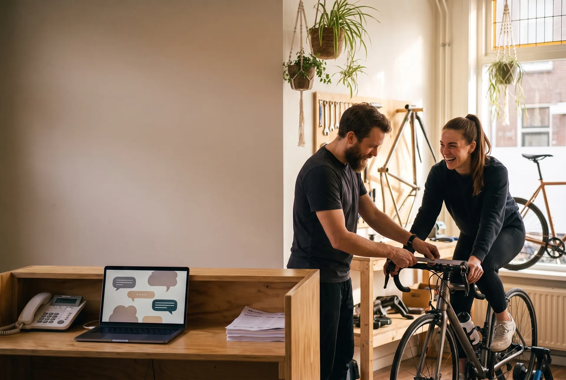 Illustrative scene: in a bike shop a mechanic laughs as he sets up a bike for a customer, while the phone and a laptop full of messages wait at the empty counter.