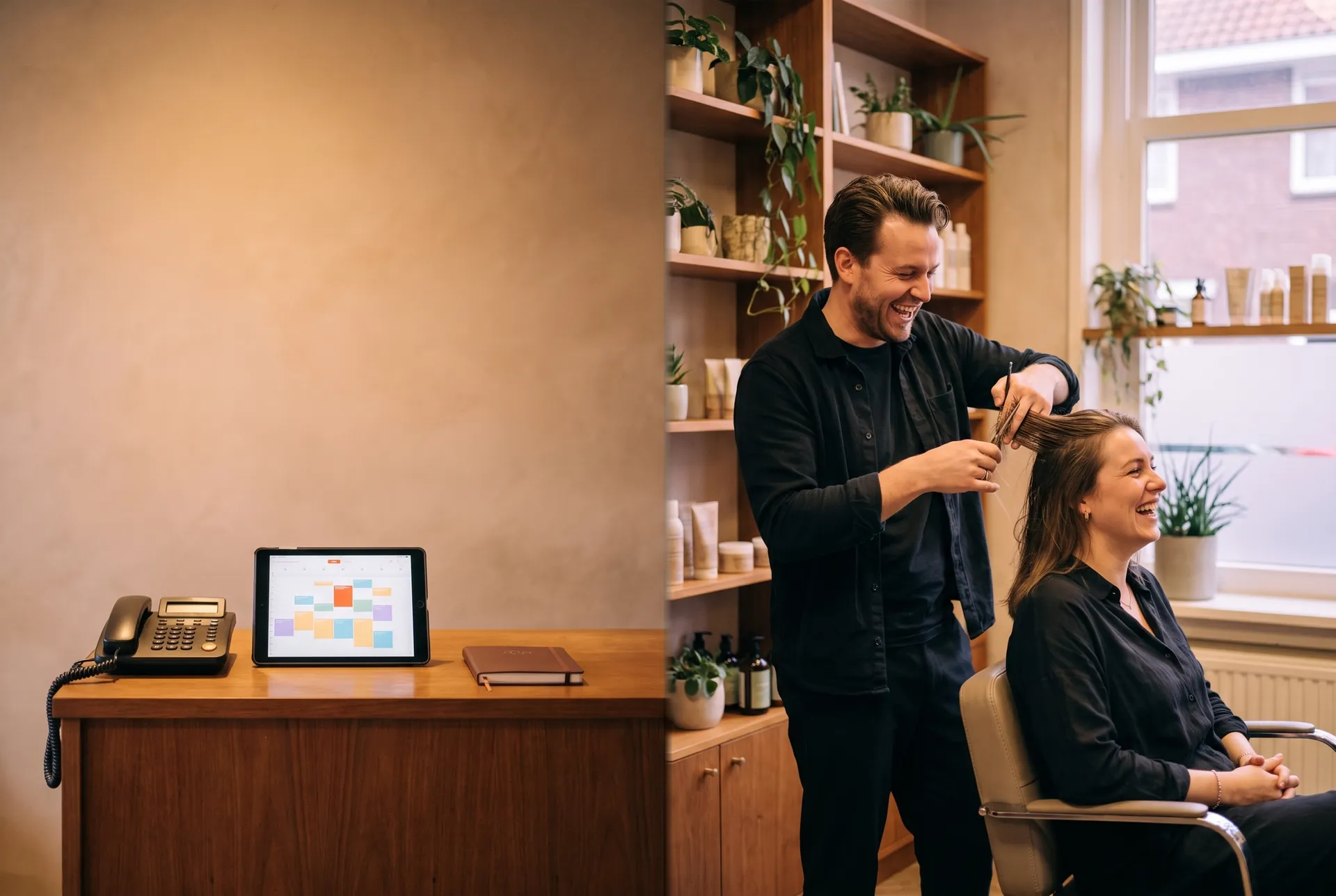 Illustrative scene: a hairdresser laughs with a client in the chair, while the phone and the diary on a tablet wait at the empty front desk.