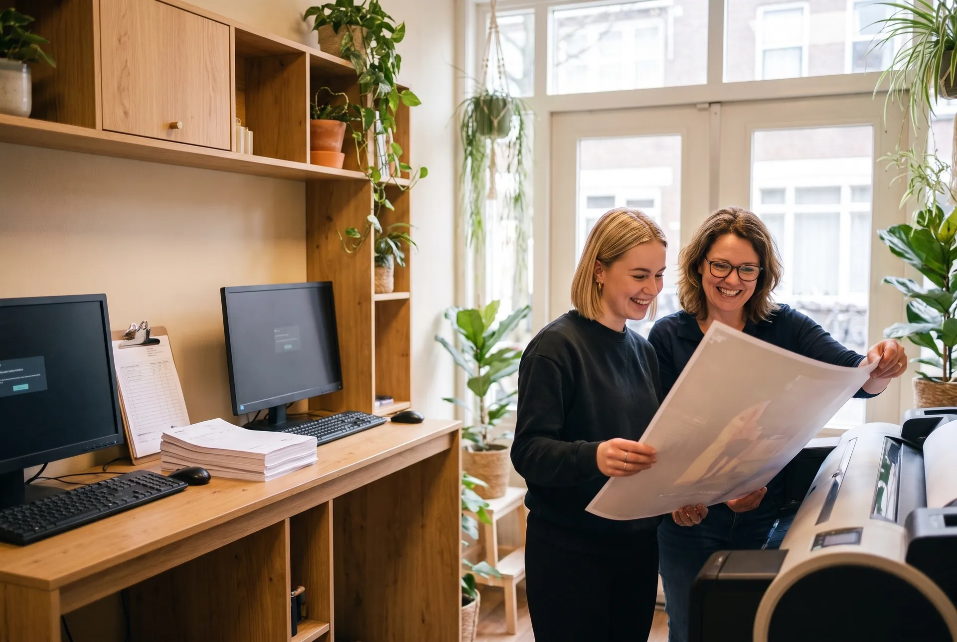 Illustrative scene: in a print shop two people laugh over a proof, while the computers and stacks of paper sit at the empty desk.