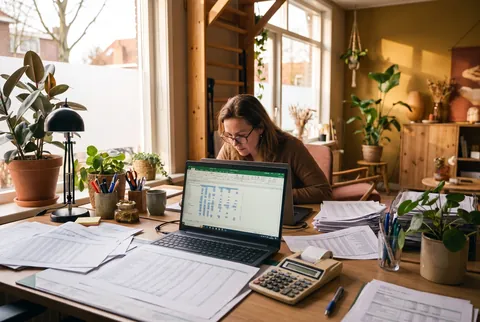 Illustrative scene: someone works on a spreadsheet between stacks of paper.