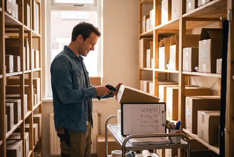 Illustrative scene: someone scans a box in the warehouse.